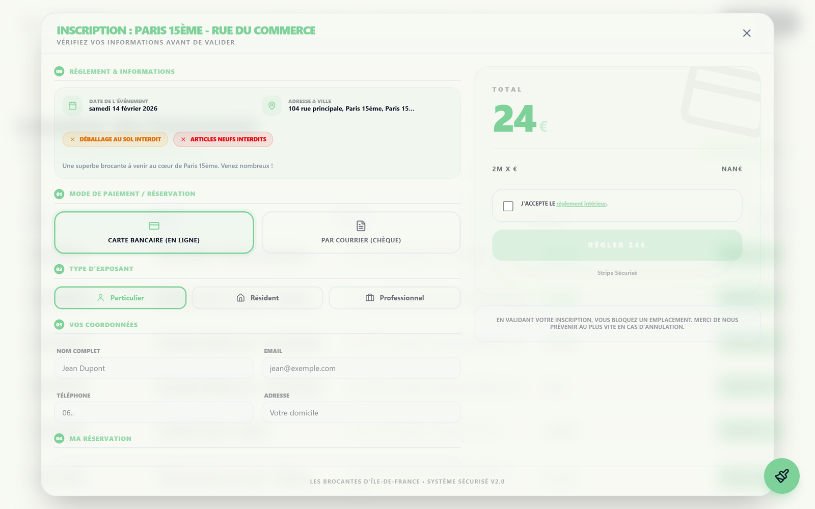Options de configuration du stand lors de l'inscription