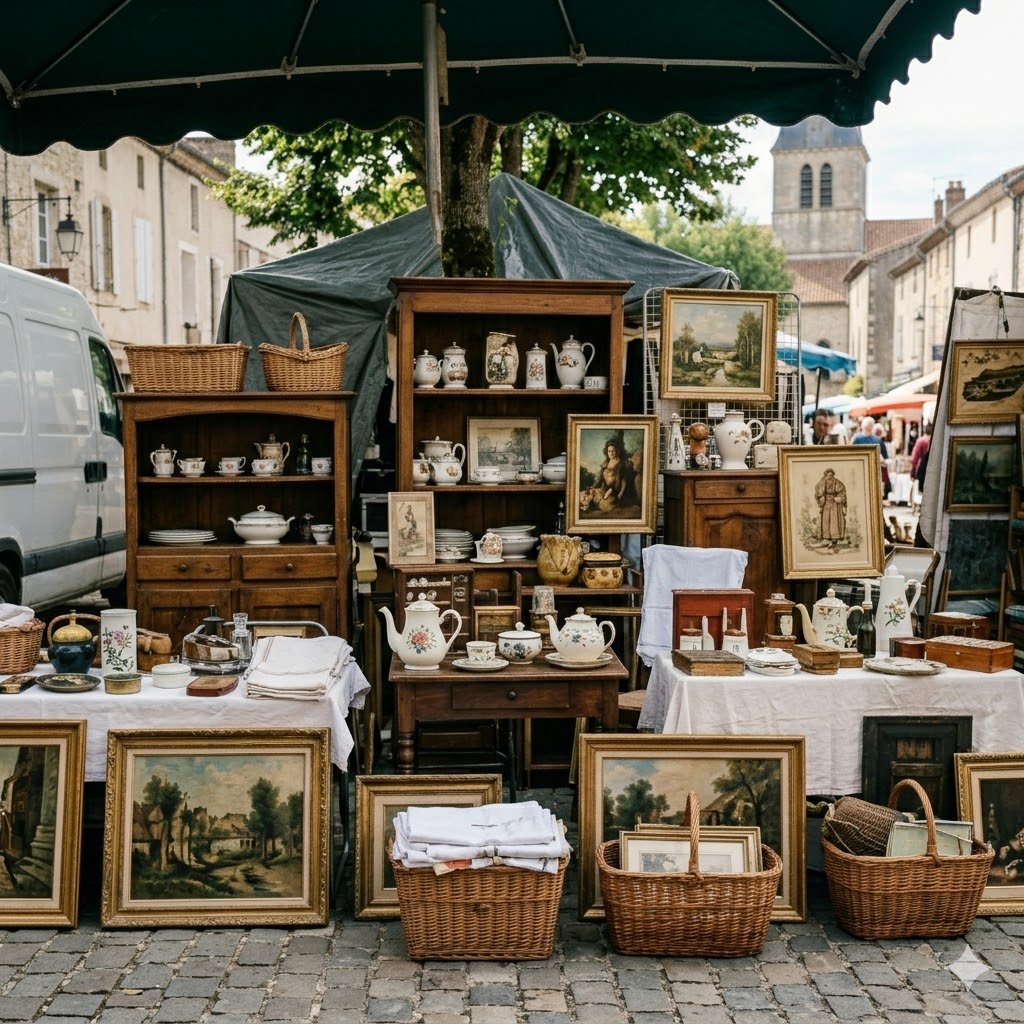 Stand de brocante avec objets anciens - Brocantez-vous